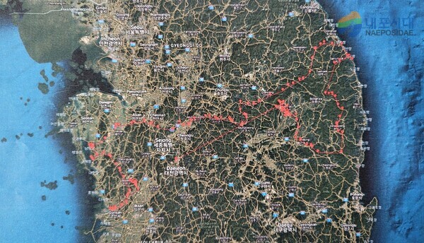 소백산에서 방사한 ‘SKF-2242’ 붉은여우의 이동 경로를 표시한 지도