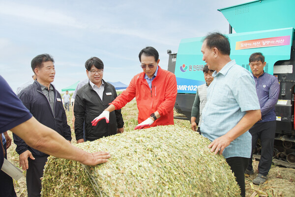9일 고북면 친환경 조사료 생산단지 일원에서 열린 사료용 옥수수 수확 연시회 모습